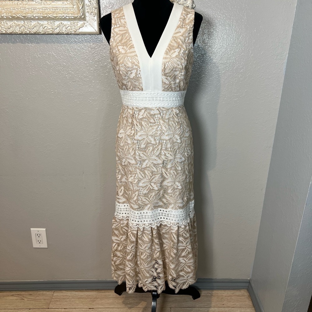 ANTONIO MELANI Beige and White Lace Maxi Dress - Picture 2 of 11